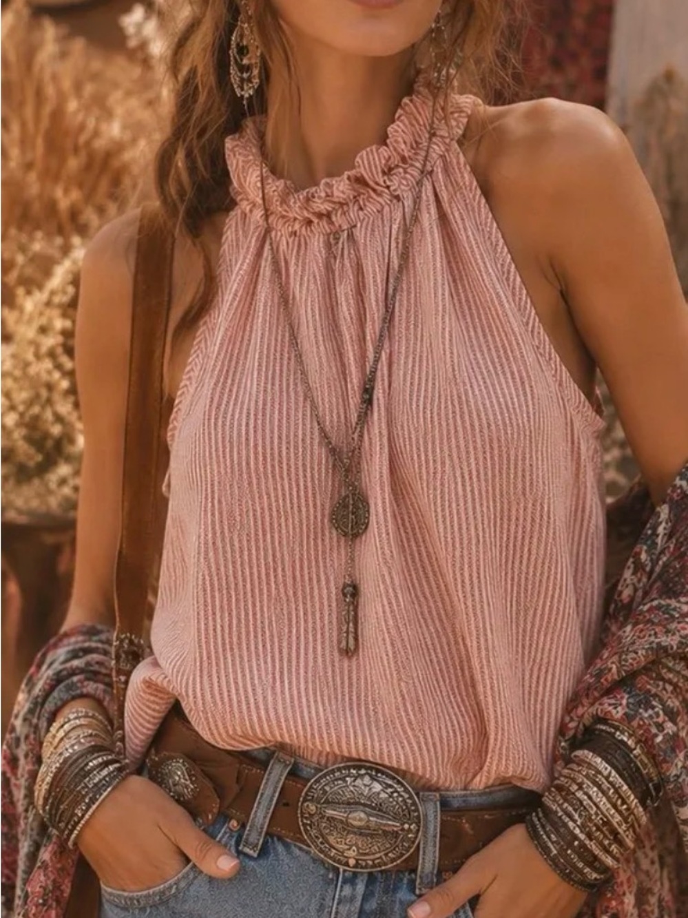 heyday Pink Ruffled Halter Ribbed Camisole